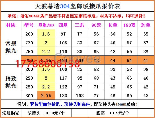 不锈钢驳接爪价目表接驳抓价目表玻璃爪价目表